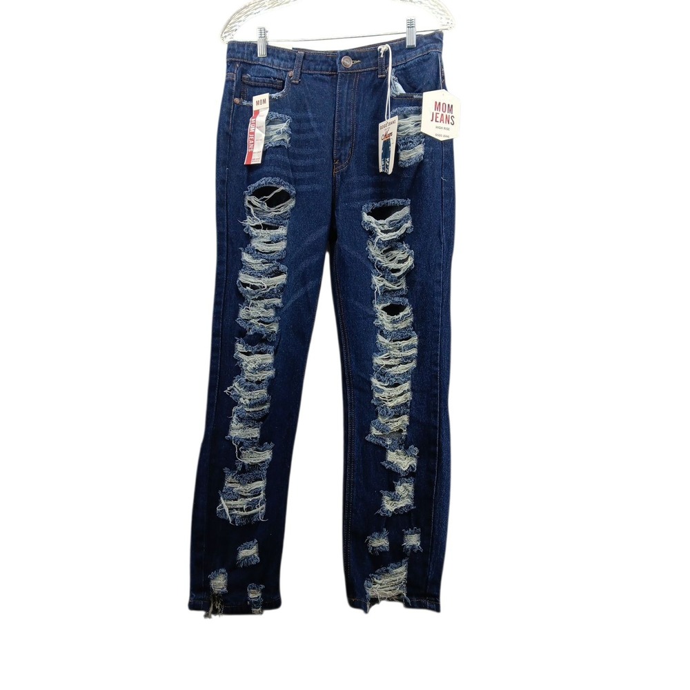 NEW Tags GOGO Mom‎ Jeans Women's size 11 Dark Blue High Rise Distressed Pockets